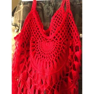 Red Crochet Fringe Top Boho Hippie Open Knit Summer Beach Swim cover festival OS